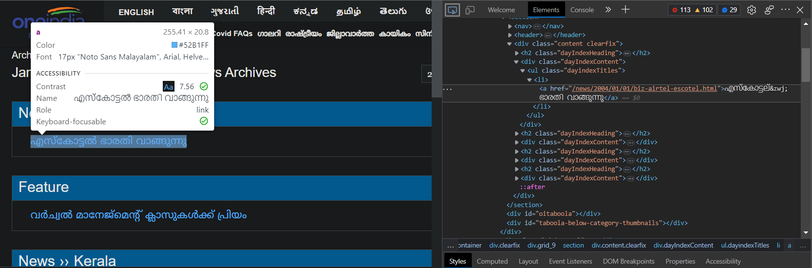 Screenshot of the dev tools in browser